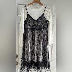 After Market White Black Lace Dress Women’s Sz L Long Sleeve NEW